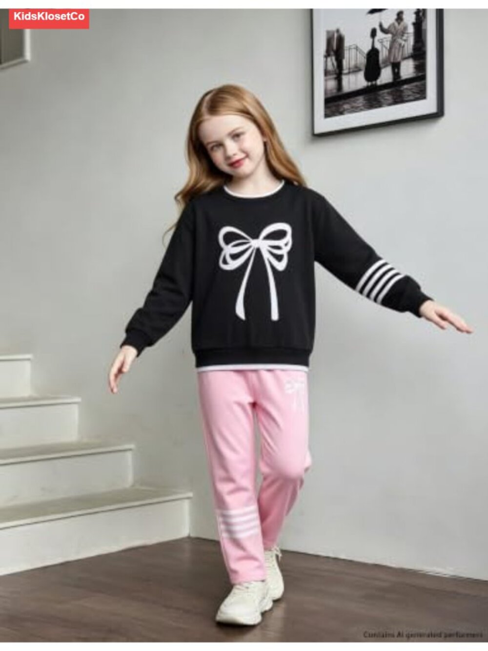 Girls Bow Print Sweatshirt & Striped Jogger Pants Outfit Set - Picture 2 of 6